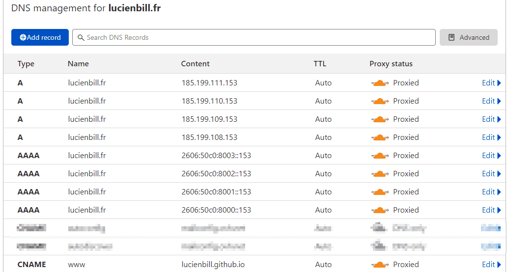 Image de ma congif DNS dans Cloudflare